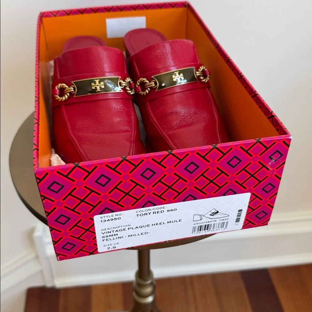 Tory Burch Leather Mules Size US 7.5 Tory Burch Red Leather Slip-On Shoes